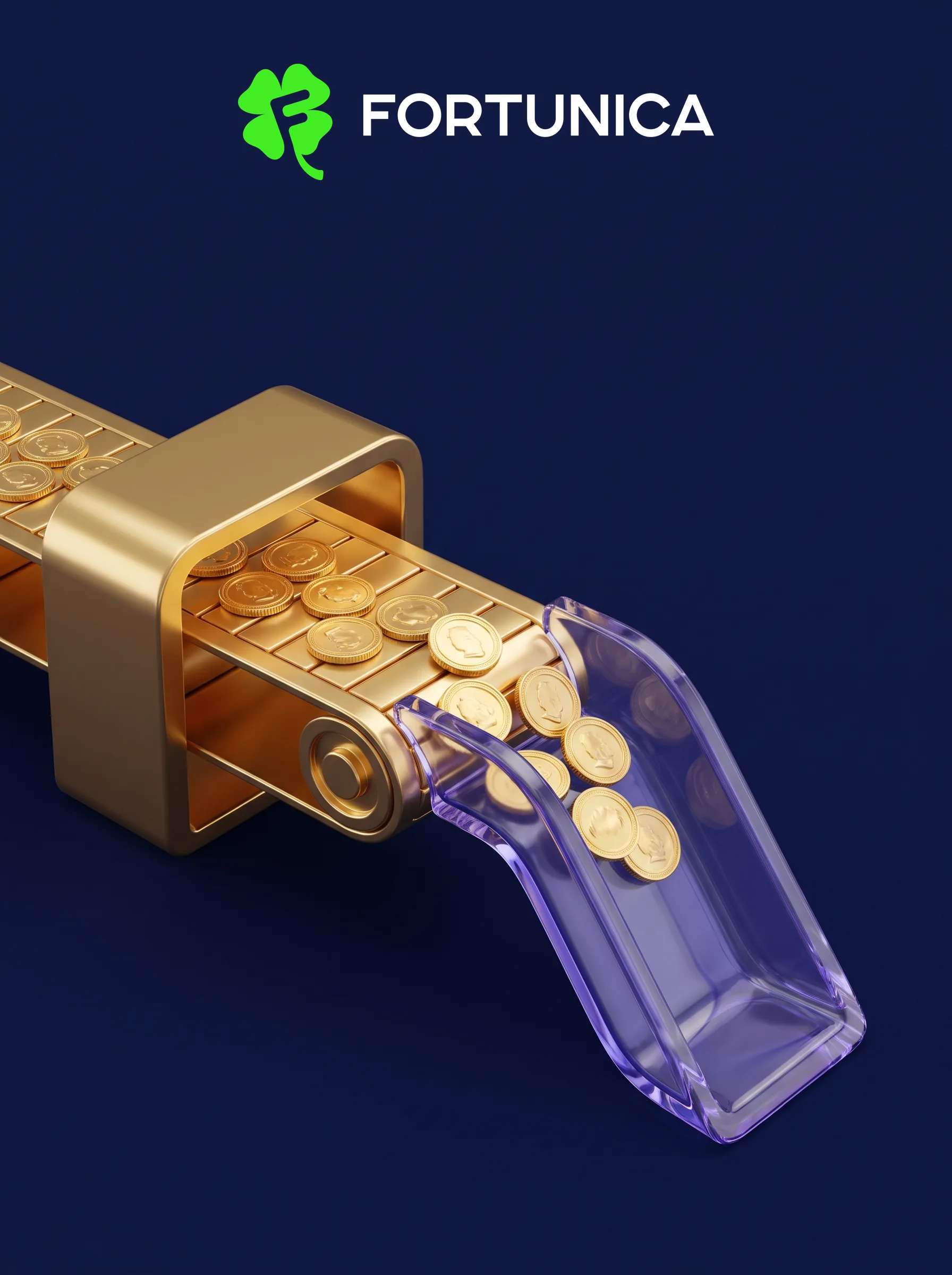 Gold Fortunica coins moving along a payment conveyor
