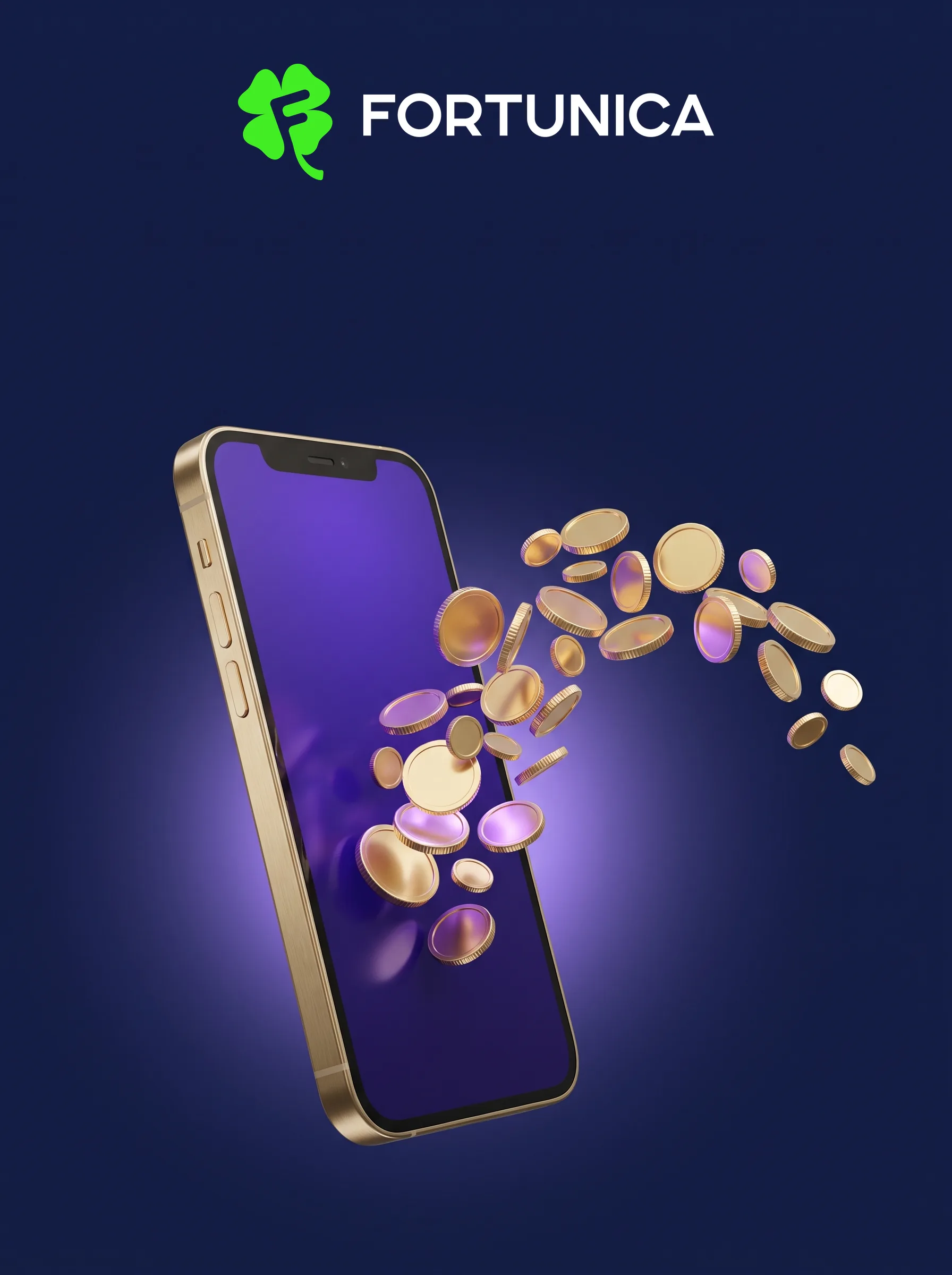 Gold smartphone with floating Fortunica coins