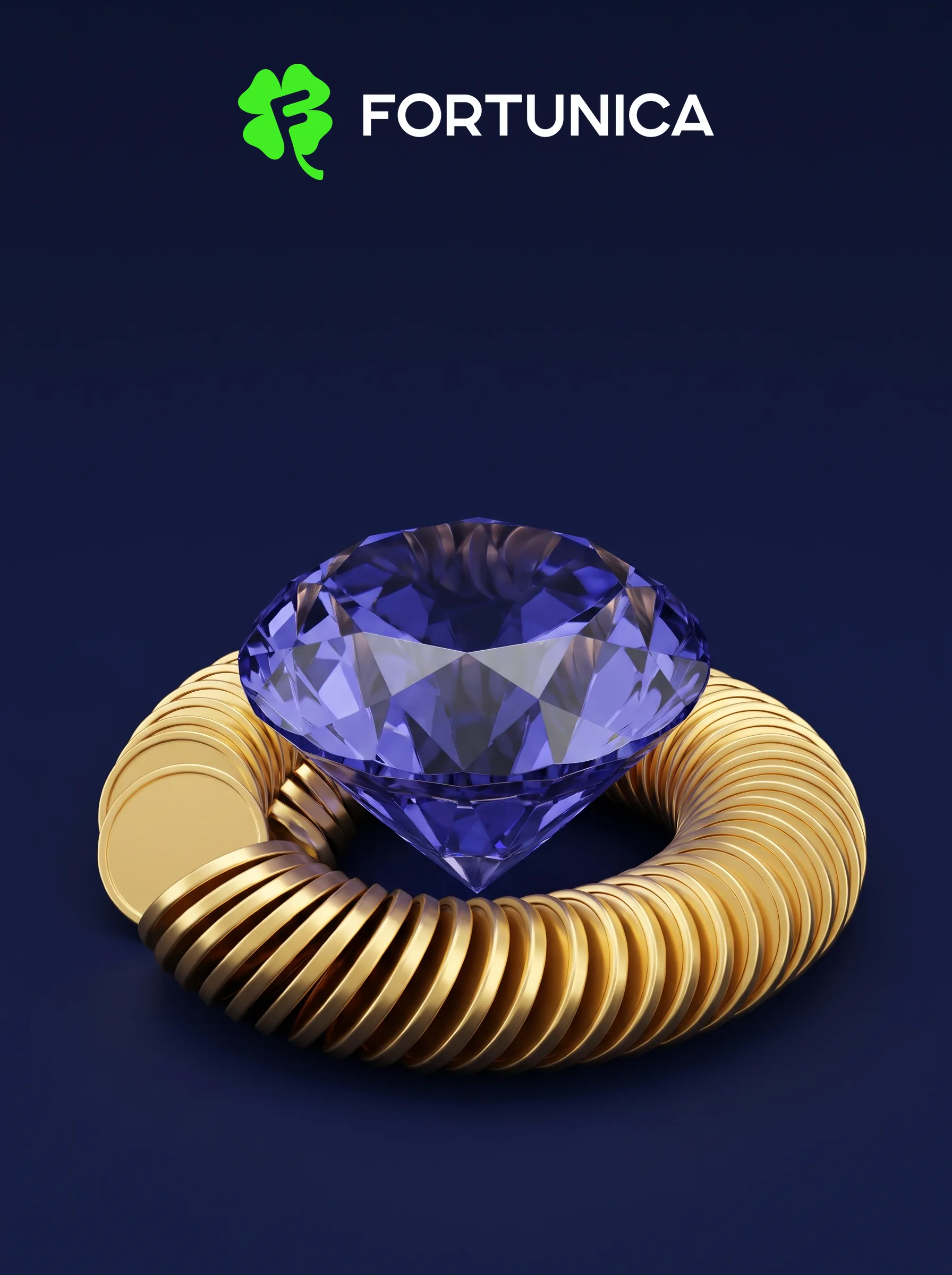 Faceted purple gemstone surrounded by gold Fortunica coins